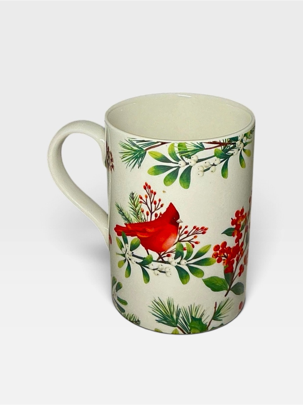 Kent Pottery Red Cardinal Christmas Mug Holly Pine Cones Holiday Coffee Cup
